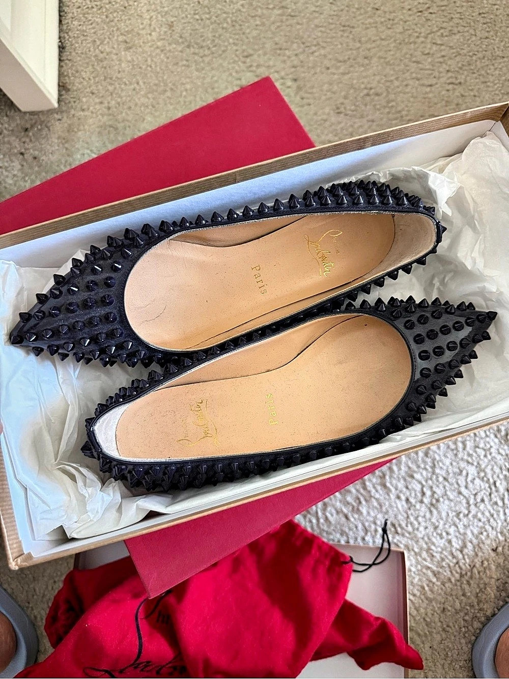 Christian Louboutin Spike Flat Spiked Point Toe Flats Black Spiked Pointed-Toe